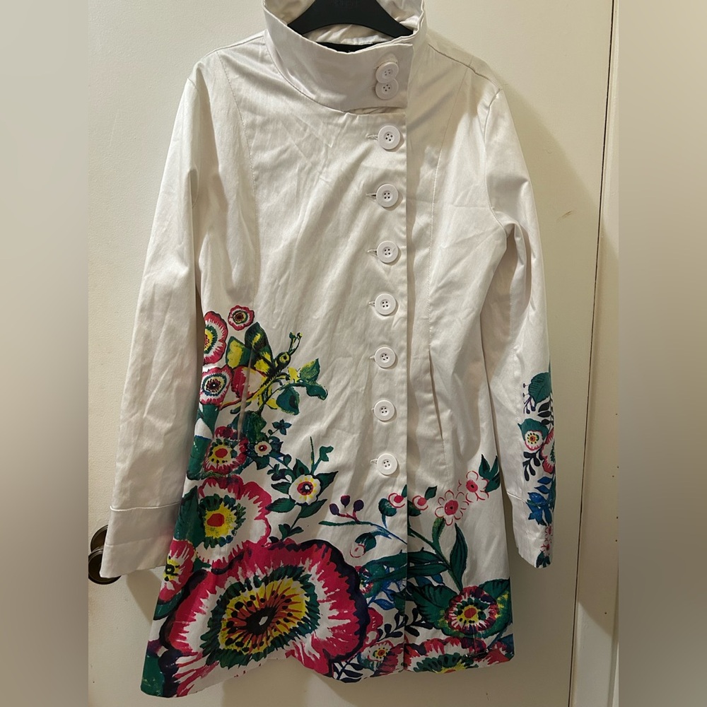 DESIGUAL White Floral Print Satin Long Coat Jacket Sz 38 / US Small